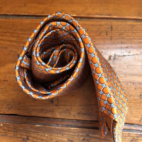 MICHAEL KORS USA Made 100% Silk Brilliant Orange Tan & Blue Graphic - Picture 6 of 16